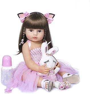 Baby Reborn Toddler Baby Dolls Silicone Full Body Girl 22 inch Long Hair Anatomically Correct Waterproof Dolls Reborn Pink Dress Birthday Gift Set for Girls