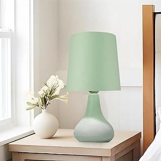 Homesake® Modern Small Ceramic LED Table Lamp, Classic Bedside Desk Lamp for Living Room Bedroom, Farmhouse Nightstand Lamps with Fabric Shade (Green)