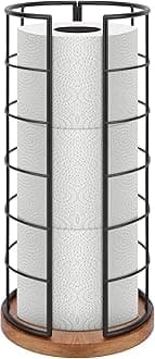 NearMoon Toilet Paper Organizer Stand, Freestanding 3 Rolls Tissue Storage, Metal Bathroom Accessory, Rustproof Toilet Roll Holder for Kitchen Countertop Inside Cabinet Shelf(Wooden Base, Matte Black)