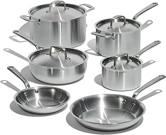 Cookware - 10 Piece Stainless Steel Pot and Pan Set - 5 Ply Clad - Includes Stainless Steel Frying Pans, Saucepans, Saucier and Stock Pot W/Lid - Professional Cookware - Made in Italy