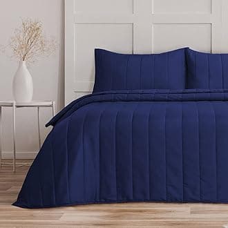 Bronwen Mathews Quilted Bedspreads King Size Tram Lines Pattern - 3Pcs Navy Quilted Throw Set 240x260cm Soft Microfiber Lightweight Coverlet with 2 Pillowcases 50x75cm for All-Season (Navy, King)