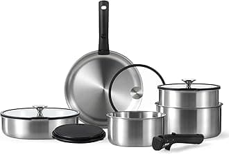 CAROTE12pcs Pots and Pans Set, Stainless Steel Kitchen Cookware Set Detachable Handle, Induction Cookware Sets with Removable Handle, RV Cookware Set, Oven Safe, Stainless Steel, Black