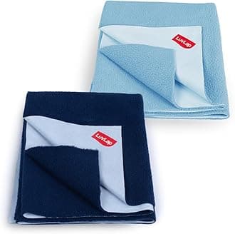 LuvLap Instadry Waterproof Baby Dry Sheet, Small Size 50x70 cm, Extra Absorbent Quick Dry Sheet for New Born,Toddler, Anti-Piling Fleece for Baby, Bed Protector, Pack of 2, Navy Blue & Sky Blue