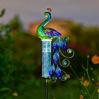 Peacock Rain Gauge Outdoor 36.6" Solar Powered Large Rain Gauges Freeze Proof Water Gauge with Metal Stakes Decorative for Garden,Lawns,Patio