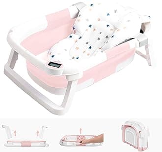 Collapsible Baby Bathtub,Baby Bath Tub with Soft Cushion & Thermometer,Baby Bathtub Newborn to Toddler 0-36 Months,Portable Travel Baby Tub