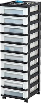 IRIS USA プラスチック引き出しストレージオーガナイザー ローリングカート キャスター付き 引き出し10個 教室用 アートクラフト用品 ドレッサー クローゼット バスルーム ランドリールーム ブラック/パール