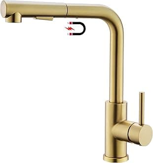 Tohlar Gold Kitchen Tap, Taps with Pull Out Sprayer, Brushed Stainless Steel Mixer 1 Hole 360° Swivel Spout Magnet Bar Sink Faucet 2 Water Modes, Single Lever Tap in Gold, (S048)