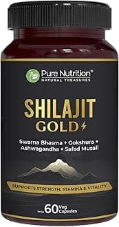 Pure Nutrition Shilajit Gold 60 Veg Capsules with Kaunch Beej, Ashwagandha, Safed Musli, Gokhru & Shatavari for Energy, Strength, Stamina & Performance | Premium Ayurvedic Supplement for Men