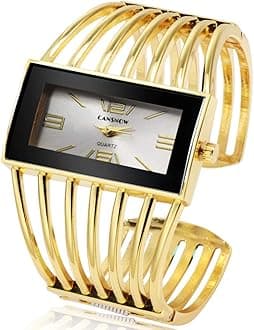 WeicamWomen Luxury Cuff Bracelet Rectangular Dial Hollow Analog Quartz Wrist Watch for Ladies