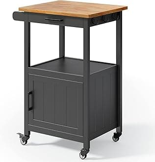 Kitchen Island Cart on Wheels with Drawer, Storage Cabinet, Shelf and Side Hook, Rolling Kitchen Cart with Rubber Wood Countertop, Microwaves Stand for Small Space, Black