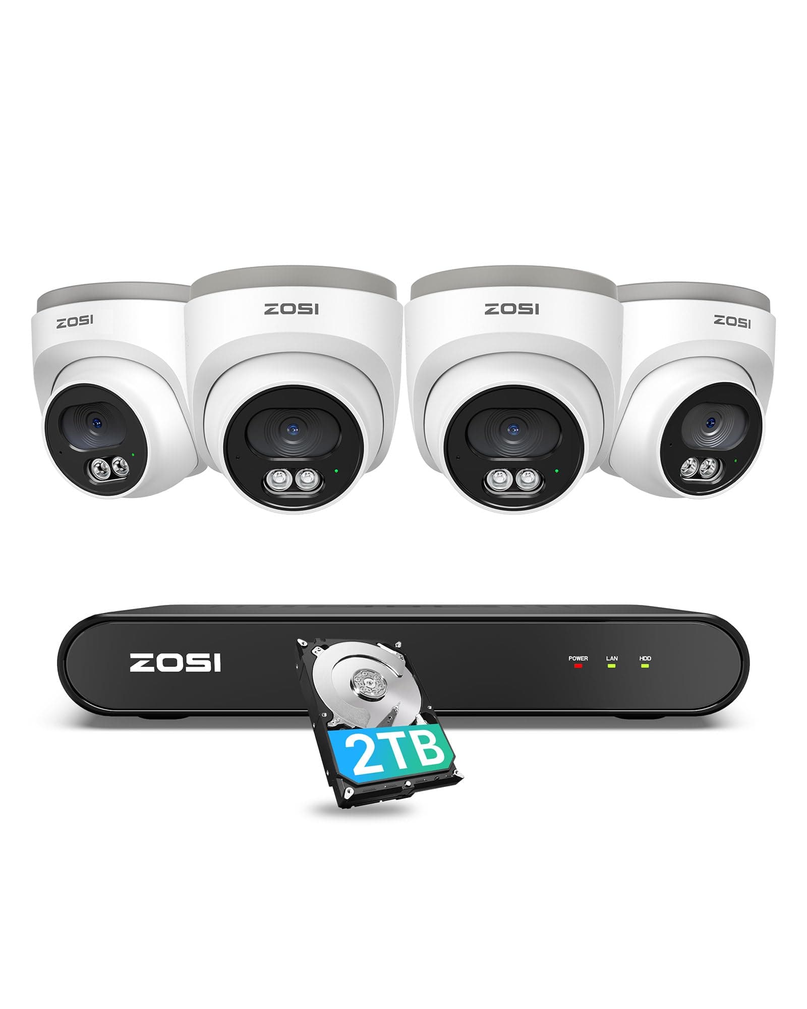 ZOSI 8CH 5MP PoE CCTV Camera System Outdoor Indoor, 2.5K 8 Channel H.265+ PoE NVR Built-in 2TB HDD, 4X 4MP Wired Home Security Cameras, AI Human Detection, 100ft IR Night Vision, Remote Access