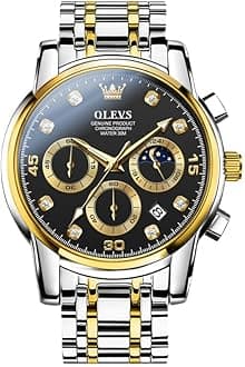 Men's Chronograph Watch, Gold Silver Stainless Steel Analog Quartz Watch, Waterproof Multi-Function Dial with Date Diamond Watches for Men