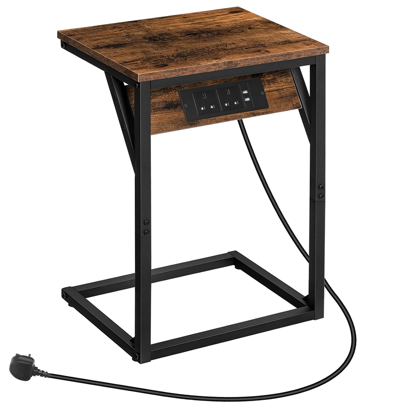 C Shaped Side Table, Bedside Table with Charging Station, Small Table Sofa Table with 2 Plug Sockets and 2 USB Ports, Sofa Side Table Laptop Table for Small Spaces, Rustic Brown EBF06KSF01