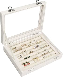 Ring Organizer Tray 7 Slot Velvet Jewelry Earring Storage Box with Clear Lid Jewelry Display Case for Girls Wife Mom Women (Beige)