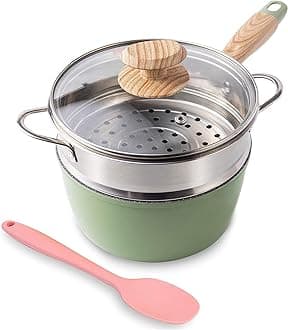 Saucepan with Steamer, ROCKURWOK Nonstick Sauce Pan Small Pot with Lid, Solid Wood Handle, 2.5 Quart, Green