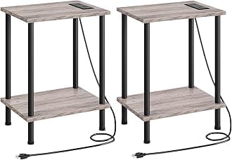 HOOBRO Side Table with Charging Station, Set of 2 End Tables with USB Port and Outlets, Nightstand with 2-Layer Storage Shelves for Small Spaces, Living Room, Bedroom, Greige and Black BG09UBZP201