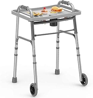 Folding Walker with Tray, 5" Wheels Lightweight Walkers for Seniors and Adults, Supports Up to 350 Pounds, Adjustable Height, Compact Standard Walker, Silver