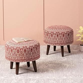 nestroots Set of 2 Wooden Ottoman Stools for Living Room | Printed Pouffes for Sitting, Footrest with 4 Wooden Legs | 14 Inch Height, Red | Stylish & Comfortable Furniture for Home Decor