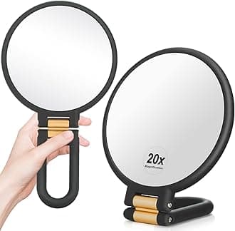 1x 20x Magnifying Travel Mirror, Hand Mirror with Handle - Double Side Hand Held Mirror with 1x 20x Magnification & Foldable Handle, Portable Travel Makeup Hand Mirror for Women (Black)