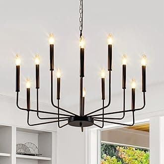 Black Chandelier, 12-Light Farmhouse Chandeliers for Dining Room, Classic Candle Ceiling Pendant Light Fixture for Living Room, Foyer, Kitchen Island, Bedroom, Entryway