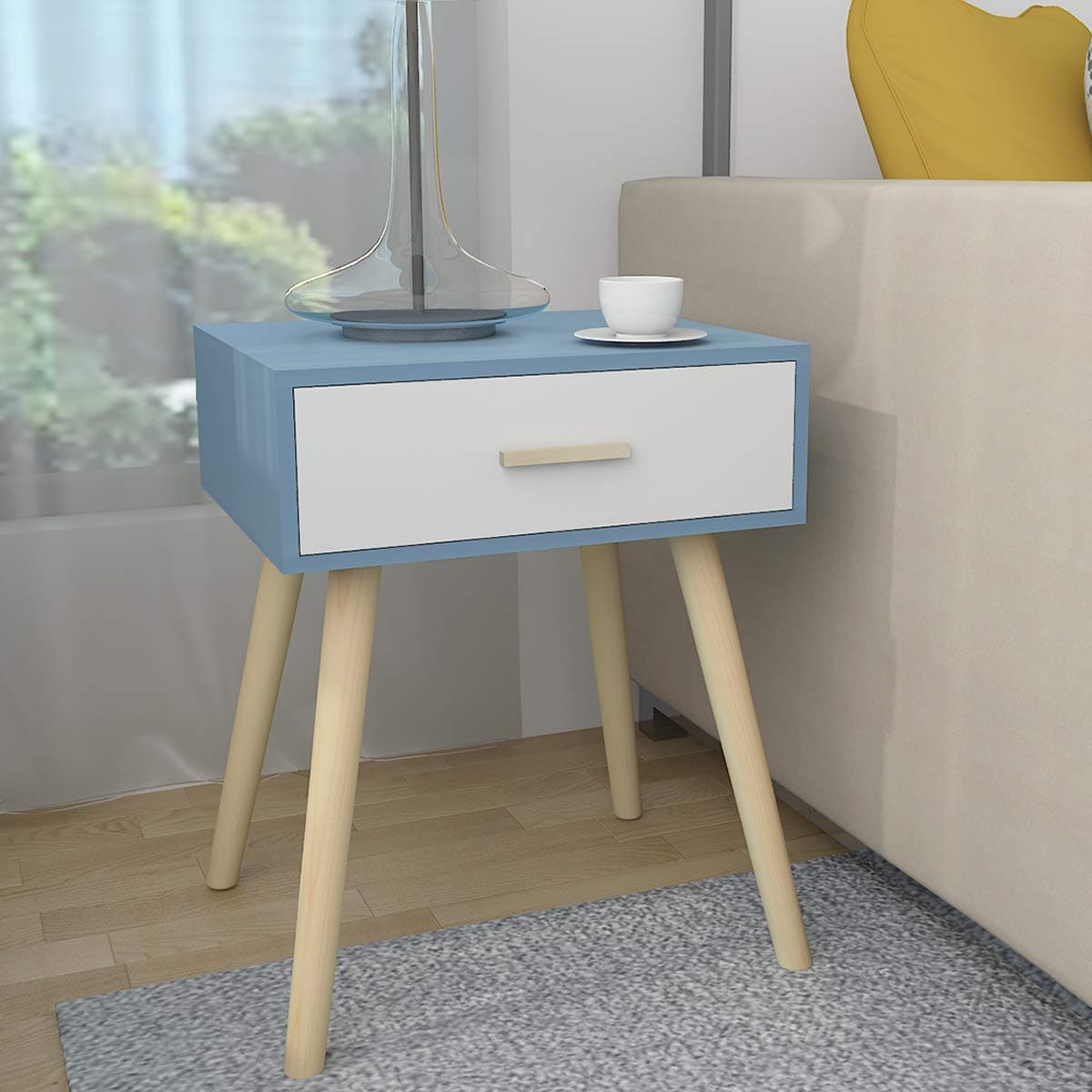 LEPAK End Side Table Nightstand with Storage Drawer Solid Wood Legs Living Room Bedroom Furniture,Grey Blue & White [Energy Class A+++]