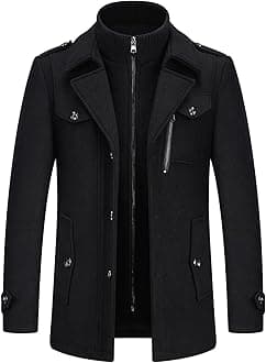 KUDOROMens Wool Coats Short Winter Padded Trench Coat for Casual Business Outwear Thick Wool Blend Peacoat with Removable Inner Collar