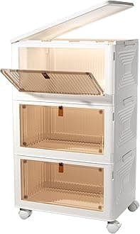 3 Tier Stackable Storage Bins with Lids, 23Qt Plastic Storage Containers with Magnetic Doors & Wheels, Convenient Storage Bins Closet Organizers, Household Organization for Home, Party, Office, Dorm