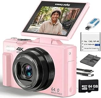 Acuvar 4K 48Mp Digital Camera For Photography, Vlogging Camera For Youtube With 3" 180° Flip Screen, Wifi, 16X Zoom, Rechargeable Battery, 64Gb Micro Sd Card,,Pink