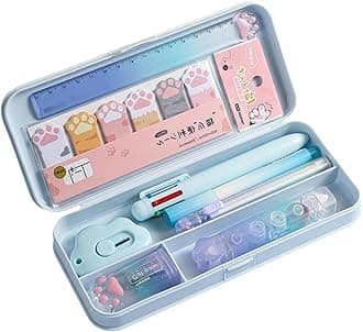 Stylish Stationery Set Pencil Case, Complete Multifunctional Student Supplies Kit Box, Includes Sharpener, 6-Color Ballpoint Pens, Ruler, Frosted Pencil Case, for School & Study Needs (Blue)