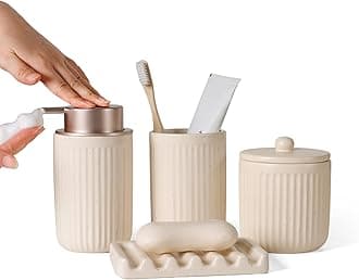 BosilunLife Bathroom Accessories Set - Ceramic Bathroom Set Bathroom Decor Sets Bathroom Counter Foam Soap Dispenser and Toothbrush Holder Set, Soap Dish, Apothecary Jar (Striped Apricot)