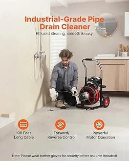 VEVOR 100FT x 3/8 inch Drain Cleaner Machine, Auto Feed Sewer Snake Auger for 2" to 4" Pipes, Movable & Portable Plumping Cleaning Tool with 8 Interchangable Cutters & Air-activated Foot Switch