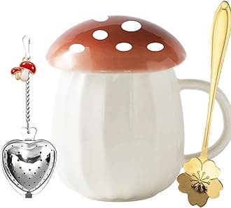 Kawaii Cute Mushroom Mug Tea Cup Set Mushroom Stuff for Milk Glass Coffee Tea Cup Mug With Lid Gifts for Girl Women Birthday Christmas Home Decor (Brown)