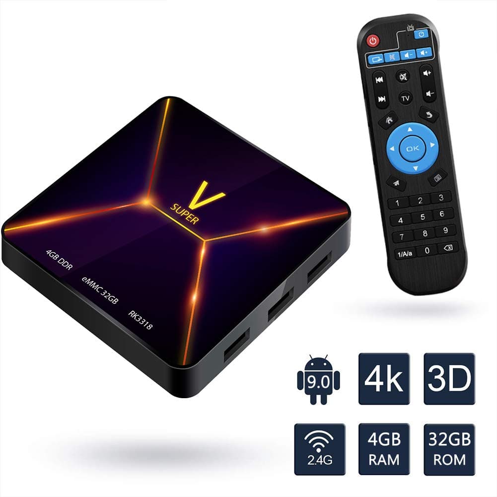 Android TV BOX，Super V Android 9.0 TV BOX 4GB RAM/32GB ROM Rockchip 3318 Quad-Core Support 2.4Ghz WiFi BT4.0 3D 4K HD DLNA 3D Smart TV BOX
