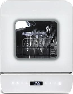 Portable Countertop Dishwasher, Mini Dishwasher, 4.8L Built-in Water Tank, 7 Programmes, 37 * 51cm Ultra-Narrow & Deep Design, Touch Control & 360° Dual Spray, Hose/No-Hose Setup, White [Energy Class D]