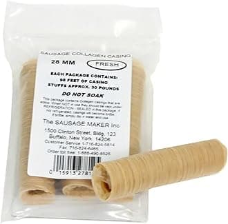 The Sausage Maker® 28mm Fresh Collagen Casings for Sausage Making, Edible, Clear, Beef Collagen Sticks, 1.12” Diameter Bratwurst, Chorizo, Hot Dog Casings, 98ft Sausage Skin, Stuff 30lbs Meat