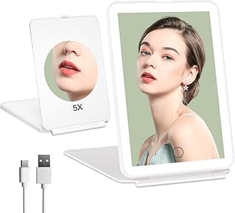 FUNTOUCH Rechargeable Portable Makeup Mirror with 72 LED Lights, Travel Lighted 1X/5X Magnification, 3 Color Lighting,Dimmable Touch Screen, Tabletop Folding Cosmetic Lights