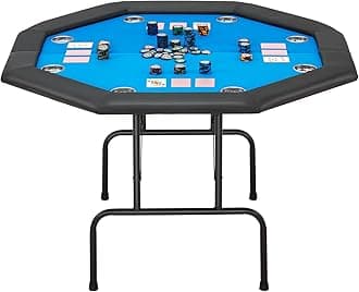 ECOTOUGE Game Poker Table Foldable, Folding Texas Holdem Poker Table with Collapsible Legs & Stainless Steel Cup Holders, Casino Leisure Gamimg Table for 8 Players, Blue