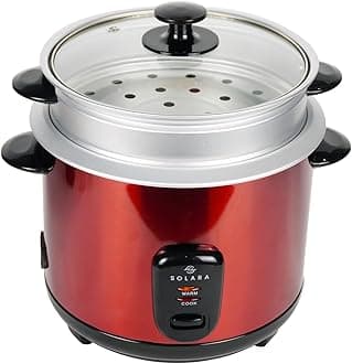 SOLARA Automatic Rice Cooker, Automatic Electric Cooker with Food Steamer, Electric Rice Cooker and Grain Cooker, 400 Watts, RiceCooker 1 litre with Steam & Rinse Basket, Red