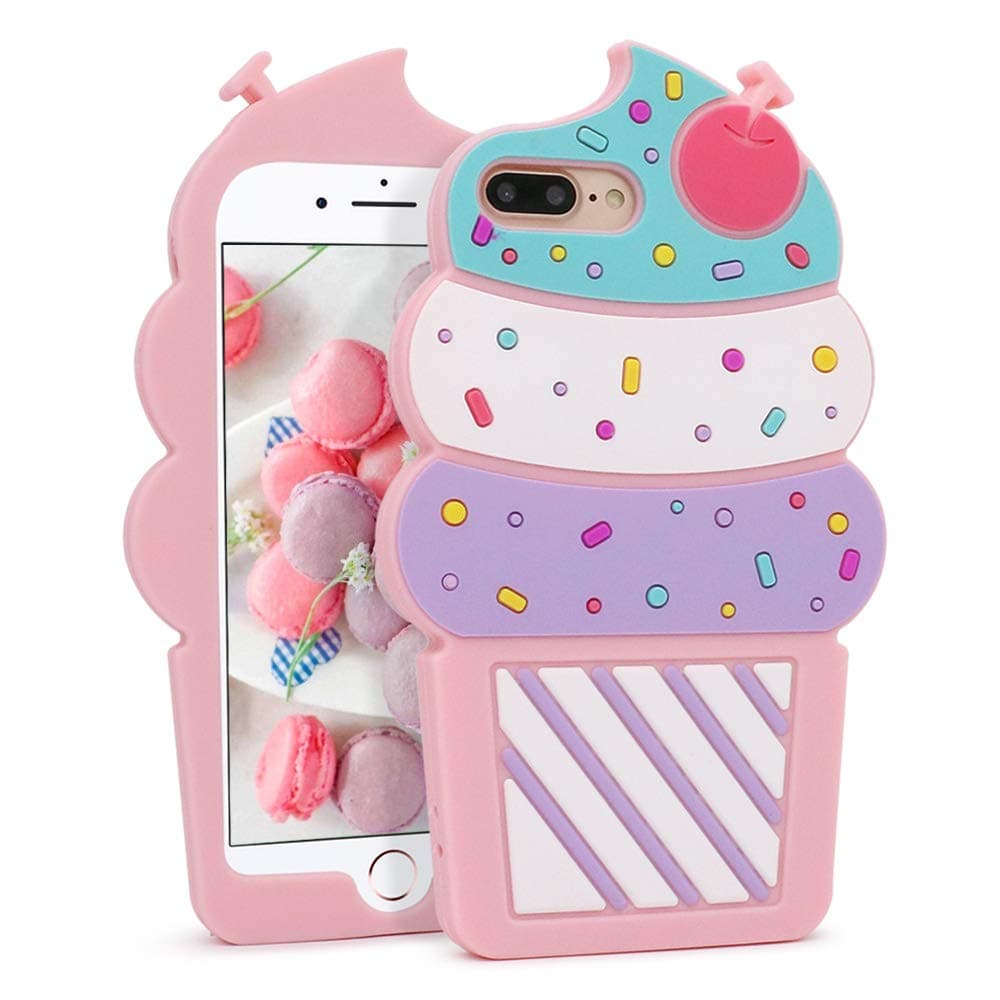 Megantree Cute iPhone 7 Plus Case, iPhone 8 Plus Case, 3D Cartoon Ice Cream Cupcakes Shaped Soft Silicone Full Protection Shockproof Cases Cover for Girls Kids Women Lady