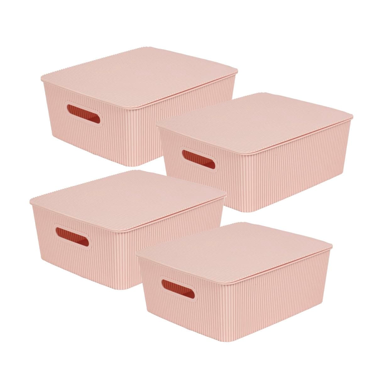 Glad Storage Baskets with Lids - Set of 4 Stackable Plastic Boxes with Handles - Decorative Shelf Organizer Bins for Bathroom and Closet, Pink, 3.1 Gallon