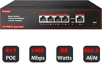 5 Ports PoE Gigabit Switch, 4-Port PoE Switches with 1 Uplink 1000Mbps Port,65W, IEEE 802.3af, Plug and Play, VLAN Mode，Ethernet Splitter Network in Metal Case, Wall Mount,Red / Black