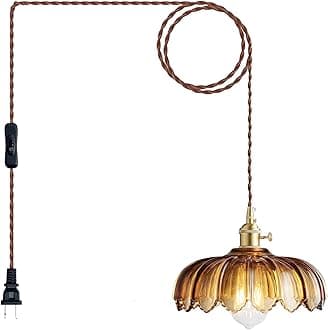 Plug in Pendant Light: Amber Glass Hanging Lamp Plug in, 14.7ft Swag Lamp Cord with On/Off Switch for Kitchen Island/Dining Room/Bedroom/Living Room Hanging Light, No Bulb