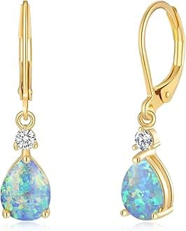 Leverback Opal Dangle Drop Earrings For Women Girls 14K Gold Plated Teardrop Earrings