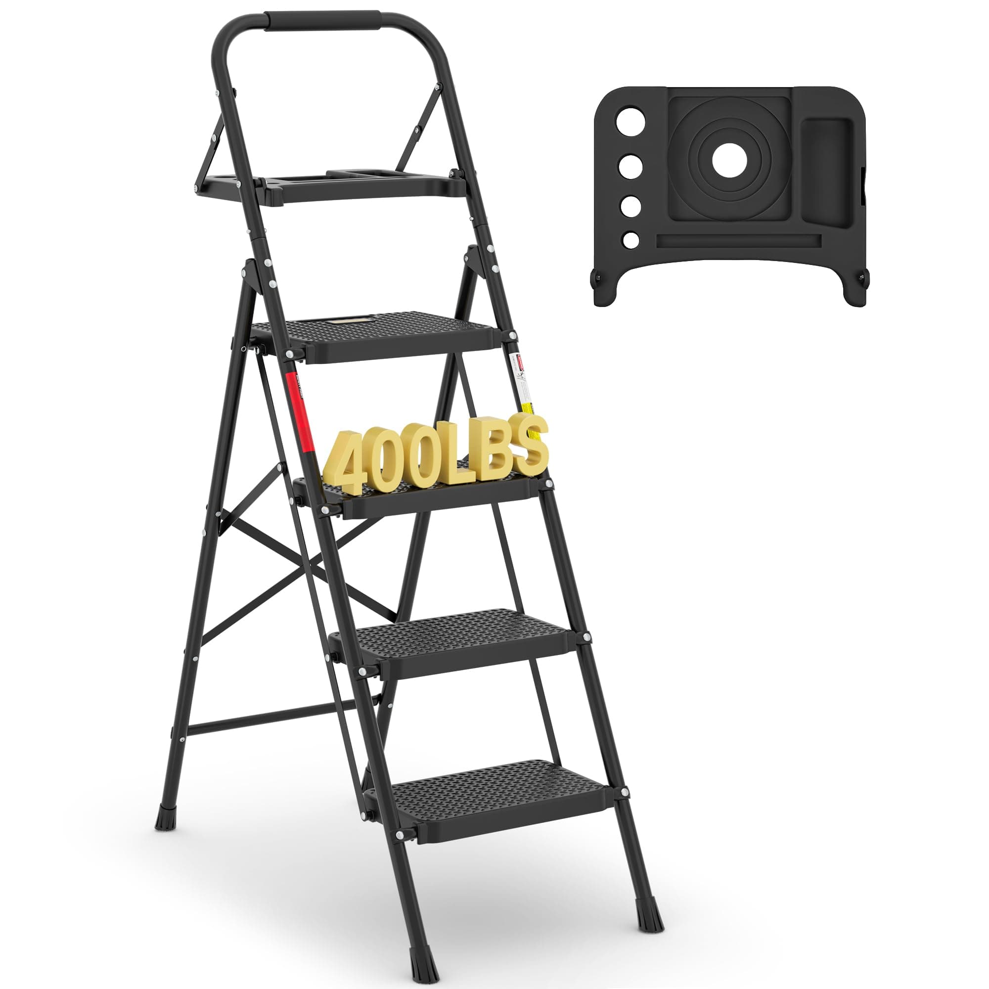 4-Step Ladder, 400lbs Max Load, Folding Step Stool with Tool Tray, Anti-Slip Pedals, Sturdy Steel, Lightweight Portable Ladder with Handrail for Home & Work Use, Black