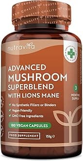 Nutravita High Potency Mushroom Complex 14400mg Superblend with Lions Mane - 6 Mushroom Complex with Chaga, Cordyceps, Shiitake, Reishi, Maitake and Lions Mane - 180 Vegan Capsules - Made in The UK