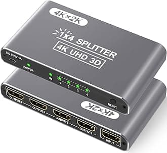 HDMI Splitter 1 in 4 Out, 4K HDMI Splitter for Dual Monitors/Mirror, Supports 4Kx2K@30Hz 3D Full HD 1080P Compatible for PS4 Blu-Ray Player Fire Stick Roku (1 Source onto 4 Displays) Silver