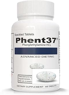 Phent37 (1 Bottle - 60 Speckled Tablets) - Advanced Phenylethylamine HCL Dietary Nutraceutical, Premium Small White and Blue Tablets, Boost Metabolism, Weight Management for Men and Women