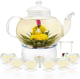 Glass Teapot Set, 27OZ/800ML Stovetop Safe Glass Tea Kettle with 6 Small Double Wall Tea Cups & Loose Tea Infuser & Tea Warmer, Microwave & Dishwasher Safe Tea Maker, Blooming Tea Gift Set
