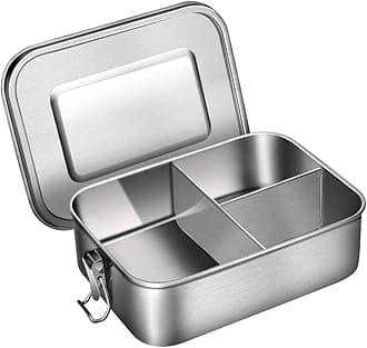 G.a HOMEFAVOR Stainless Steel Divided Lunch Food Container with Lock Clips and 3 Compartments, 1200ML Metal Bento Box Lunch Container for Kids or Adults-Dishwasher Safe - Stainless Lid - Leak Proof