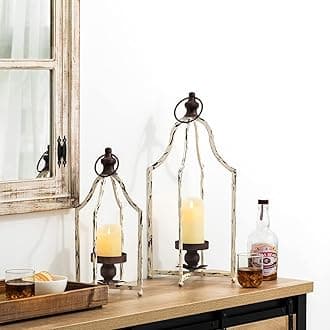 Glitzhome Set of 2 Modern Farmhouse Outdoor Lantern Decor- Metal Candle Lanterns for Christmas- Decorative Lanterns for Living Room,Home,Indoor, Outdoor,Table,Fireplace Mantle Decor White Small&Large